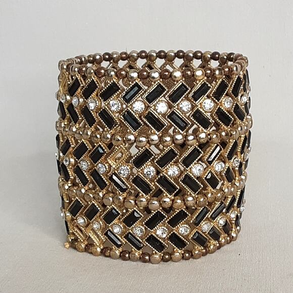 Beaded Wide Stretch Bracelet Chevron Design Gold Tone Black Clear Stones - Picture 5 of 9